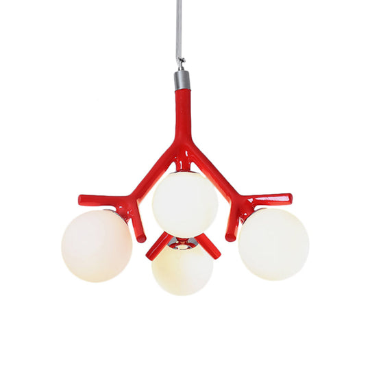 Contemporary Global 4-Light White Glass Chandelier With Branch Design - Hanging Ceiling Fixture In