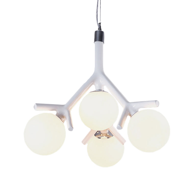 Contemporary Global 4-Light White Glass Chandelier With Branch Design - Hanging Ceiling Fixture In