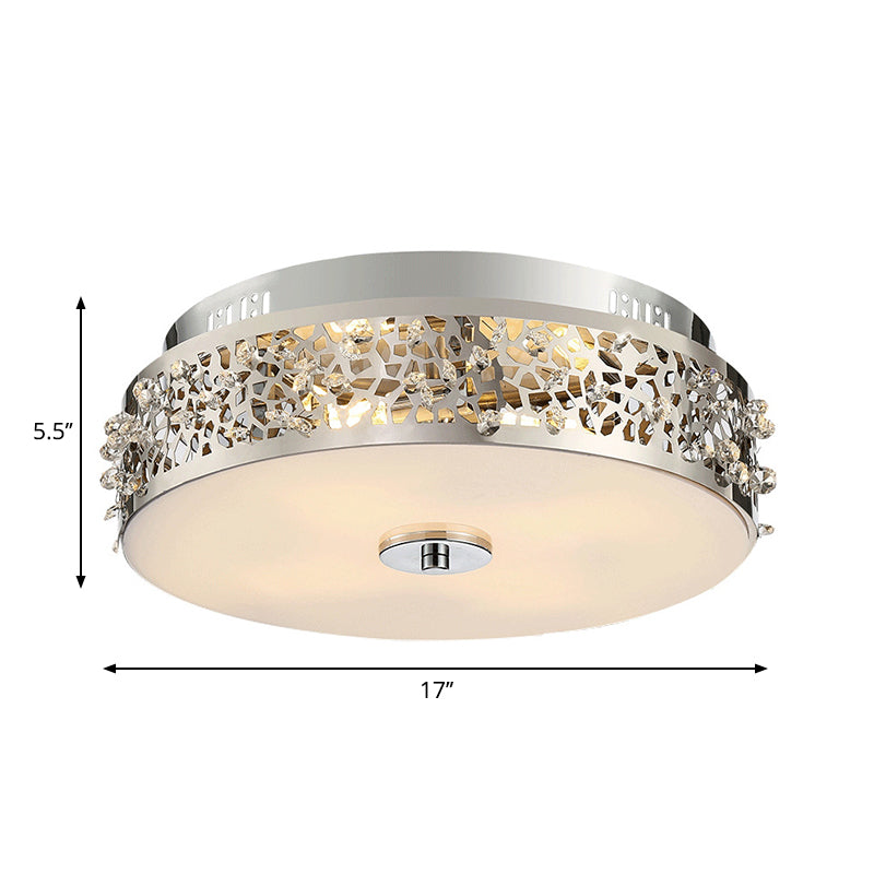 Metallic Drum Flush Lamp With Crystal Accents - 4 - Light Contemporary Ceiling Mount