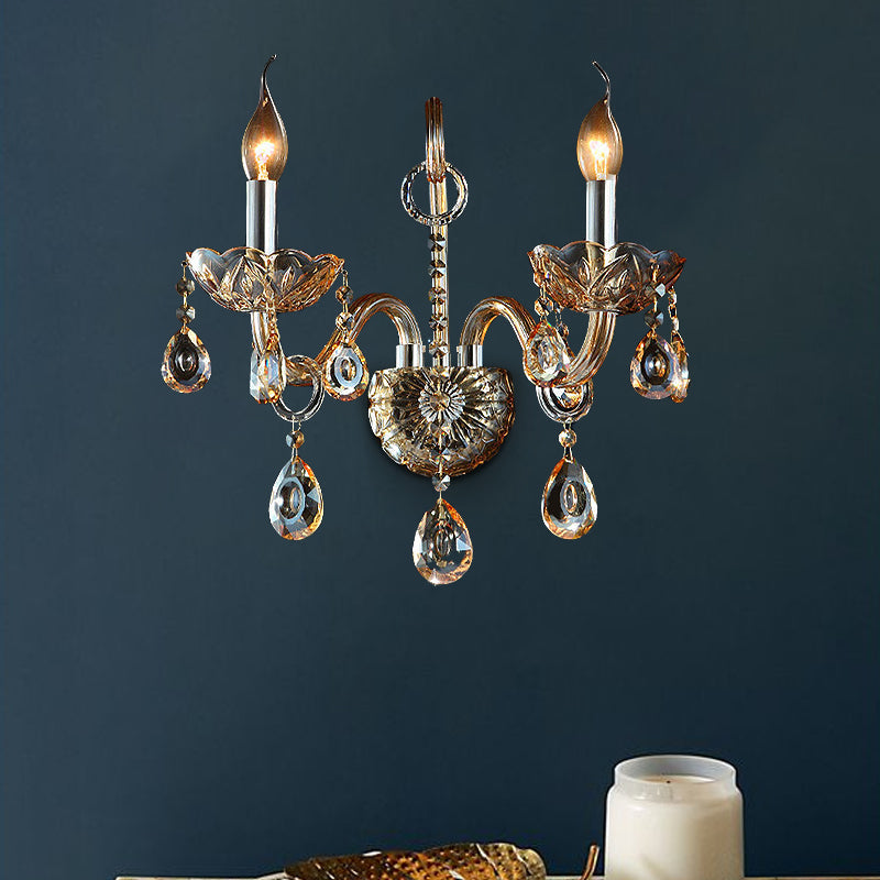 Modern Amber Glass Candle Sconce Wall Light With Crystal Drip Accent - 1/2 Heads Bedroom Fixture