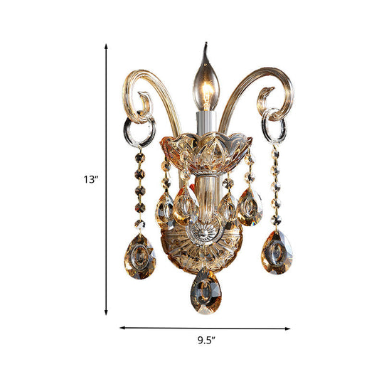 Modern Amber Glass Candle Sconce Wall Light With Crystal Drip Accent - 1/2 Heads Bedroom Fixture
