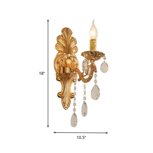 Postmodern Brass Wall Sconce With Crystal Drip Accent - Candelabra Style 1/2 Head Design For Living