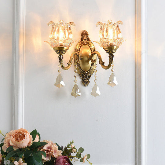 Modern Clear Glass Flower Wall Sconce Light With Crystal Drop - 1/2 Heads Brass Mounted 2 /