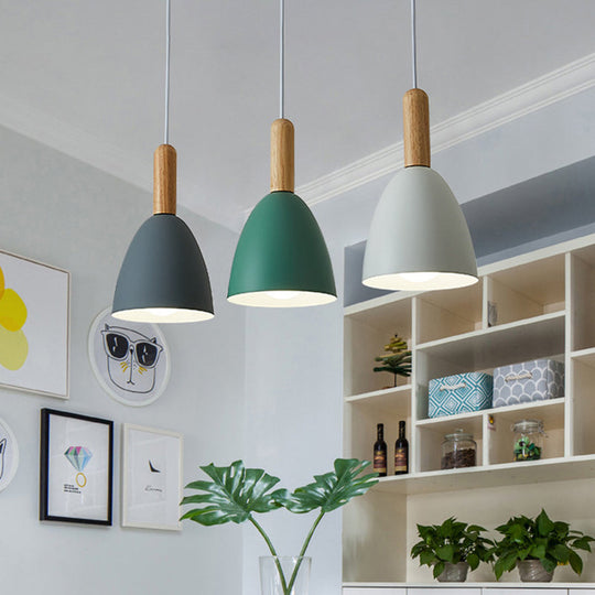 Macaroon Wood Dome Pendant Light Fixture - 3-Light Hanging Lamp For Living Room