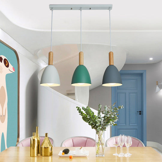 Macaroon Wood Dome Pendant Light Fixture - 3-Light Hanging Lamp For Living Room