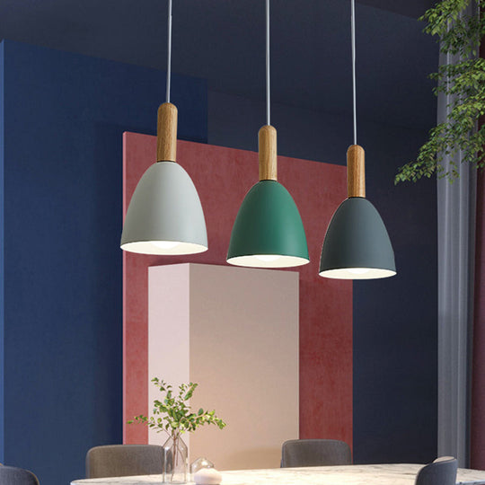 Macaroon Wood Dome Pendant Light Fixture - 3-Light Hanging Lamp For Living Room