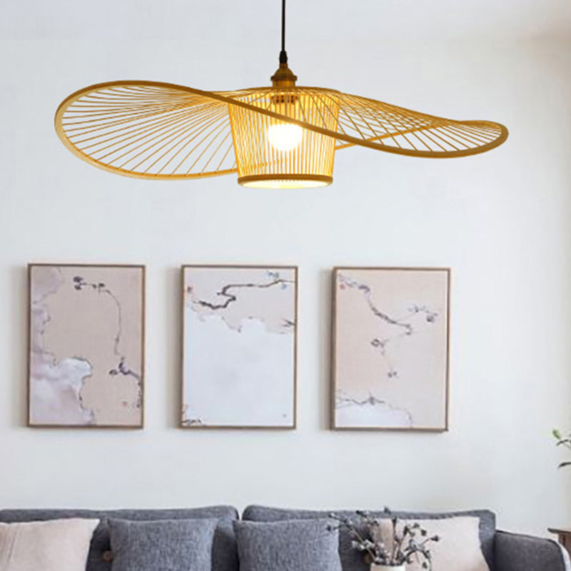 Bamboo Weaving Drum Shade Hanging Light With Fishermans Hat Design - Perfect For Dining Room
