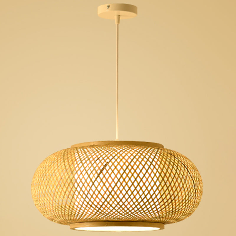 Asian Style Bamboo & Rattan Weaving Drum Pendant Lamp Beige Wood / 16