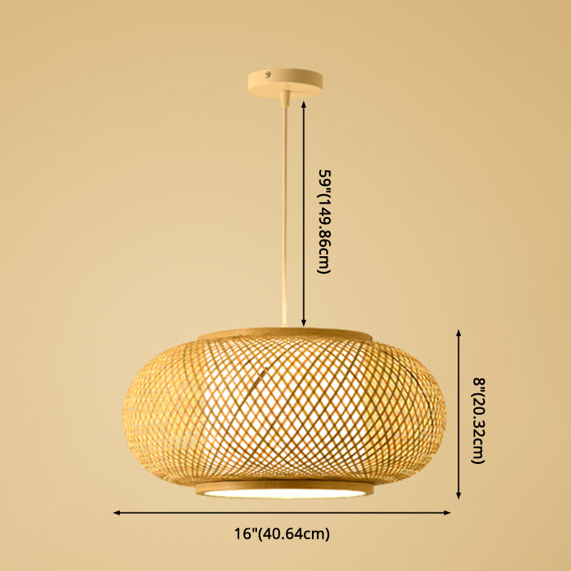 Asian Style Bamboo & Rattan Weaving Drum Pendant Lamp Beige