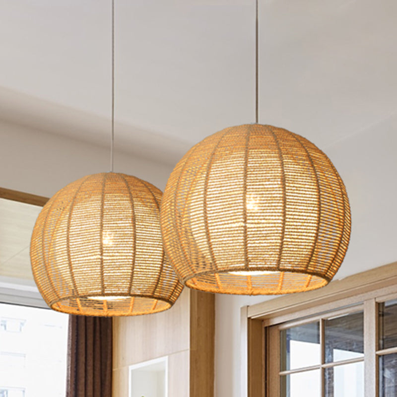 Simplicity Single Light Japanese Pendant Lamp With Double Rattan Shade - Beige/Coffee