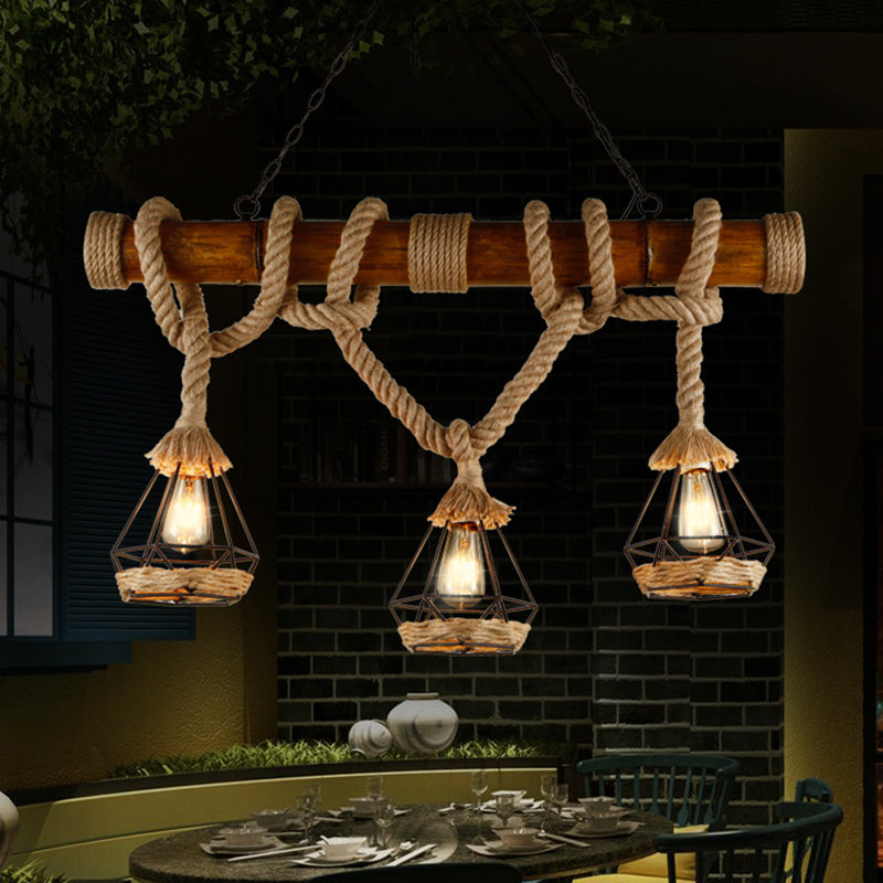 Sophie’s Rustic 3-Light Island Pendant With Beige Hemp Rope Shade For Restaurant Suspension Light