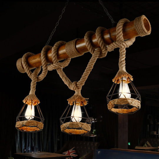 Sophie’s Rustic 3-Light Island Pendant With Beige Hemp Rope Shade For Restaurant Suspension Light