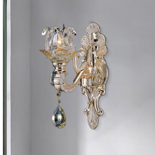 Contemporary Wall-Mounted Floral Sconce Light Fixture With Crystal Drop - Clear Glass 1/2 Heads