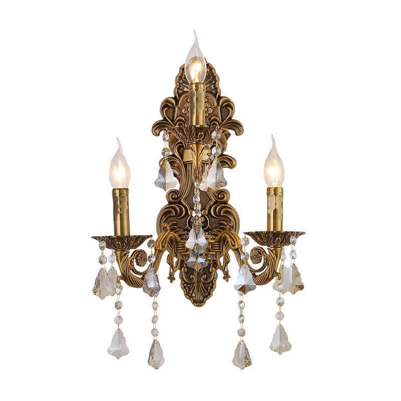 Vintage Brass Metal Sconce Light With Crystal Drip Accents - 3 Heads Candle Wall Fixture