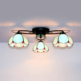 Victorian Stained Glass Ceiling Fixture - Dome Shape Black Flush Mount With 3 Lights / Blue Diamond