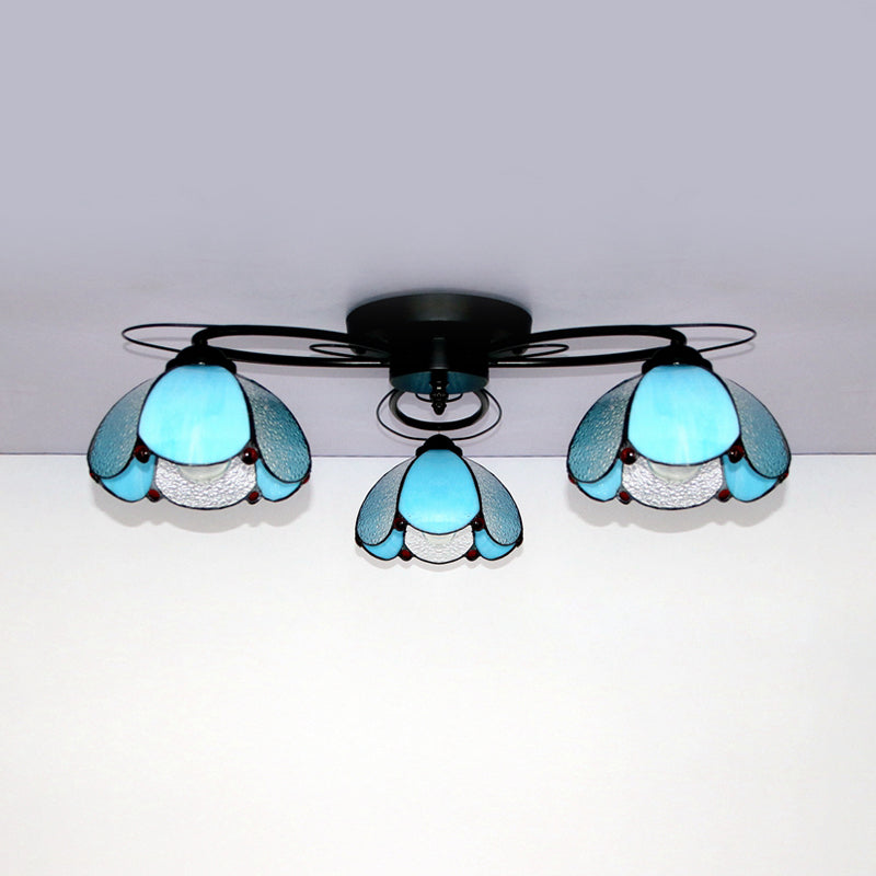 Victorian Stained Glass Ceiling Fixture - Dome Shape Black Flush Mount With 3 Lights