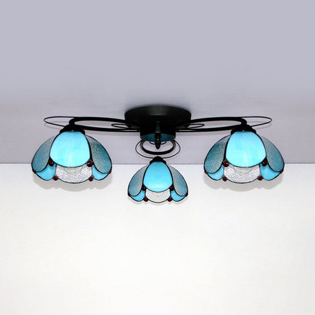 Victorian Stained Glass Ceiling Fixture - Dome Shape Black Flush Mount With 3 Lights