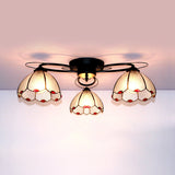 Victorian Stained Glass Ceiling Fixture - Dome Shape Black Flush Mount With 3 Lights / Diamond