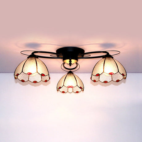 Victorian Stained Glass Ceiling Fixture - Dome Shape Black Flush Mount With 3 Lights / Diamond