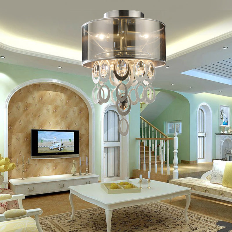 Vintage Silver Flush Mount Ceiling Light With Draping Ring - 2-Bulb Circular Fixture