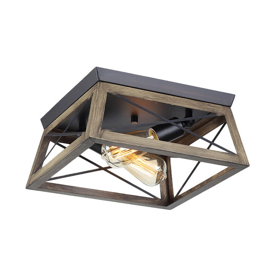 Rustic Cuboid Wood Frame Ceiling Lamp - 2-Light Brown Flush Mount Fixture