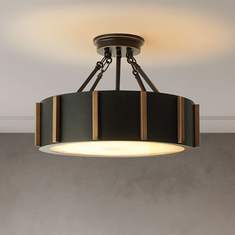Rustic Led Semi Flush Drum Light - Warm Black Metallic Close-To-Ceiling Fixture 18’’ Width Ceiling