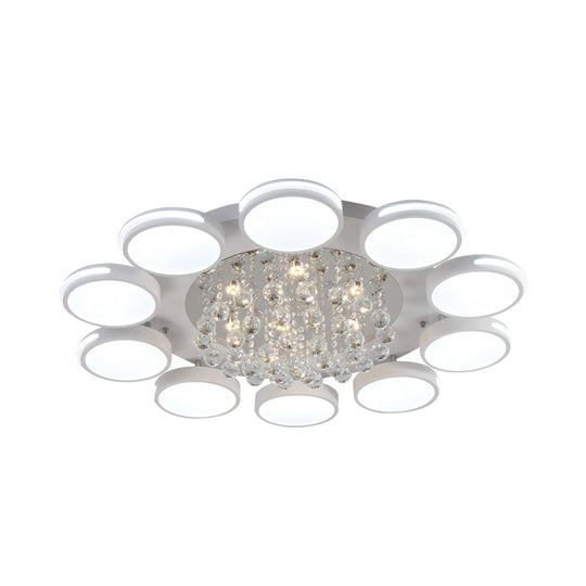 Contemporary White Round Crystal Led Ceiling Light - Flush Mount With Warm/White/3 Color Lighting