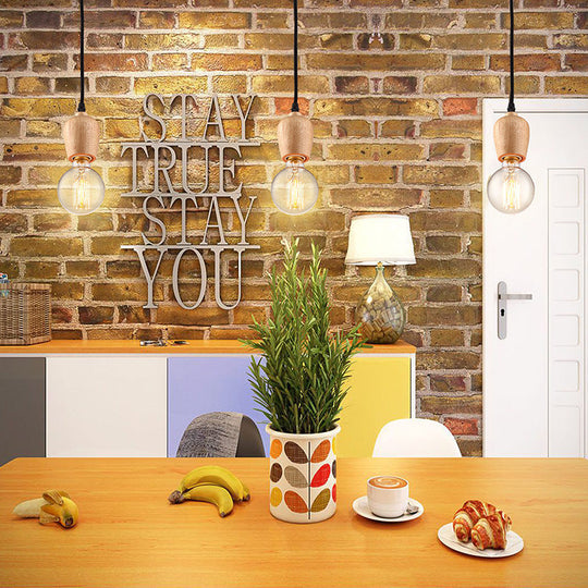 Loft Style Wooden Cap Pendant Light With Adjustable Cord Exposed Bulb - 1 Head 2’/3’ Diameter