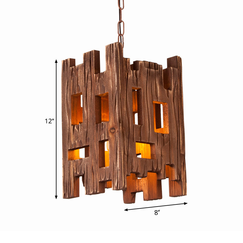 Country Style Wooden Pendant Lamp With Adjustable Chain - Brown Rectangular Design 1 Bulb Hanging