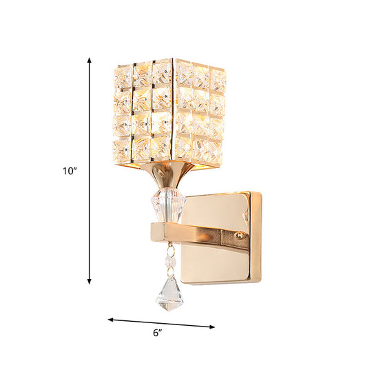 Clear Crystal And Metal Cubic Shade Wall Sconce: Modern Stylish 1 Light Fixture (Silver/Gold) For