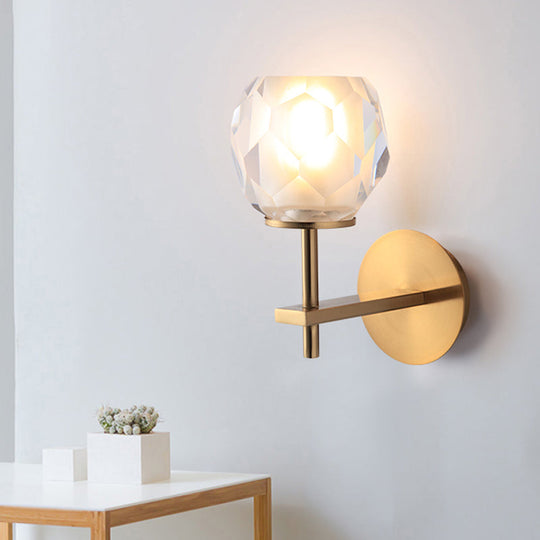 Modern Stylish Clear Glass Wall Lamp With Faceted Globe Shade - Golden Mounted Light For Hallway