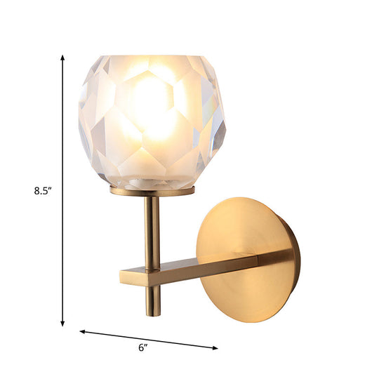 Modern Stylish Clear Glass Wall Lamp With Faceted Globe Shade - Golden Mounted Light For Hallway