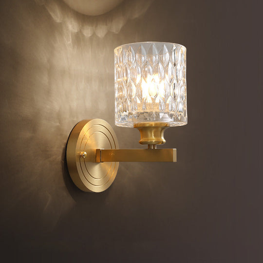 Contemporary Cylindrical Wall Light: Stylish Clear Dimpled Glass Design Golden Sconce For Bedroom