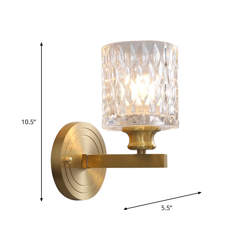 Contemporary Cylindrical Wall Light: Stylish Clear Dimpled Glass Design Golden Sconce For Bedroom