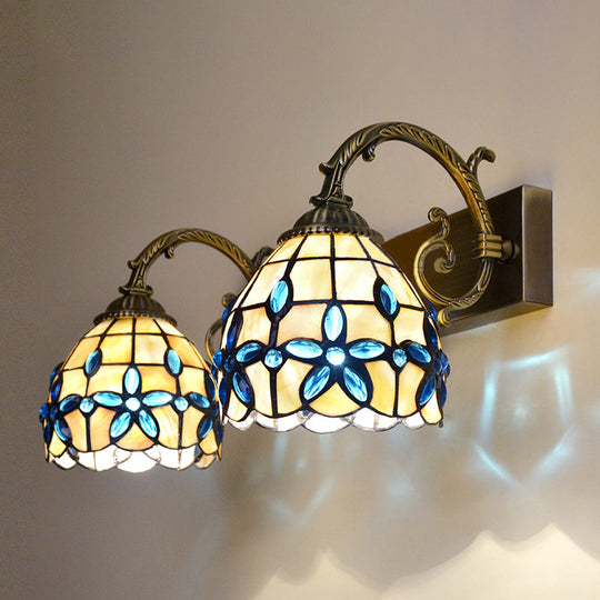 Tiffany Vanity Wall Sconce - Aged Brass With Natural Shell Shade And Mirror Lights 2 / Royal Blue