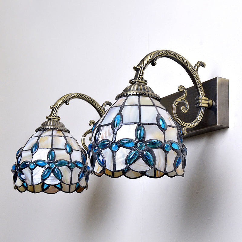 Tiffany Vanity Wall Sconce - Aged Brass With Natural Shell Shade And Mirror Lights