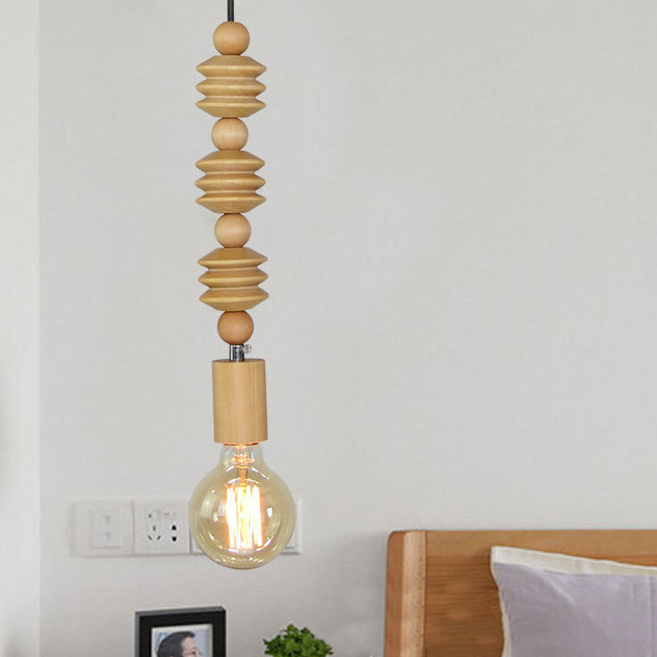 Spherical Bead Wood Hanging Lamp - Lodge Style Bedside Pendant Light With Bare Bulb 12.5’/14’ Height