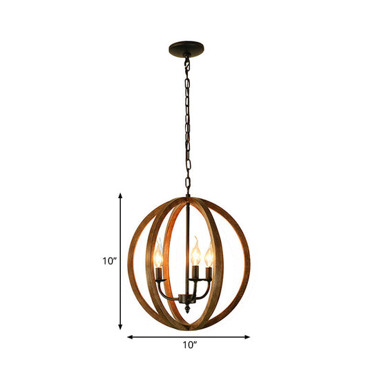 Industrial 3-Light Wooden Sphere Chandelier Pendant For Dining Room In Brown