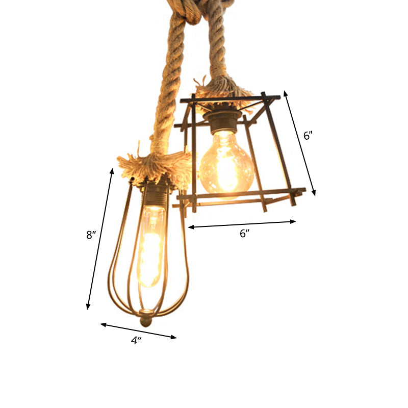 Lodge Style Black Caged Ceiling Fixture: 2-Light Metal And Rope Hanging Lighting With Unique Shade