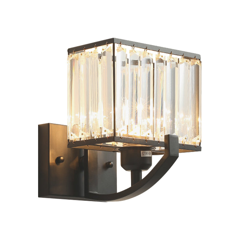 Modern Black/Gold Rectangle Wall Mount Sconce Light With Clear Crystal For Bedroom - 7/18 W