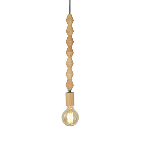 Spherical Bead Wood Hanging Lamp - Lodge Style Bedside Pendant Light With Bare Bulb 12.5’/14’