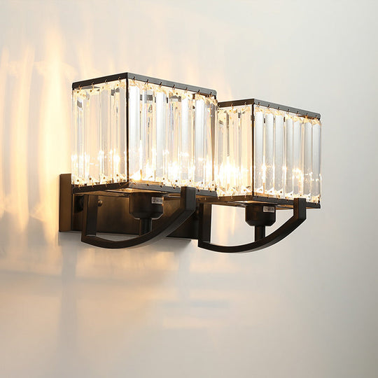 Modern Black/Gold Rectangle Wall Mount Sconce Light With Clear Crystal For Bedroom - 7/18 W Black /