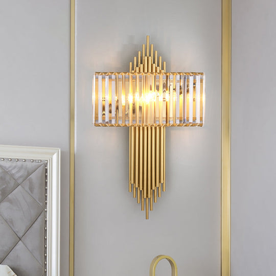 Modern Clear Crystal Wall Sconce With 2 Golden Lights For Bedside - 14.5/16.5 W Rectangular Lighting