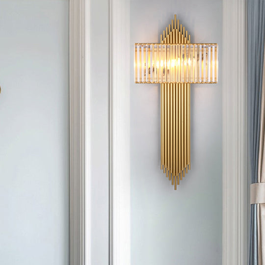 Modern Clear Crystal Wall Sconce With 2 Golden Lights For Bedside - 14.5/16.5 W Rectangular Lighting