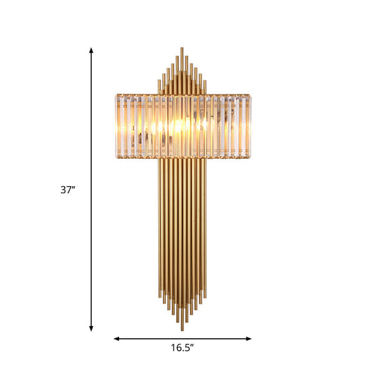Modern Clear Crystal Wall Sconce With 2 Golden Lights For Bedside - 14.5/16.5 W Rectangular Lighting