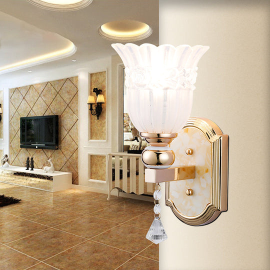 Country Style Frosted Glass Floral Wall Sconce Lamp - Gold Finish Lighting Fixture For Corridor