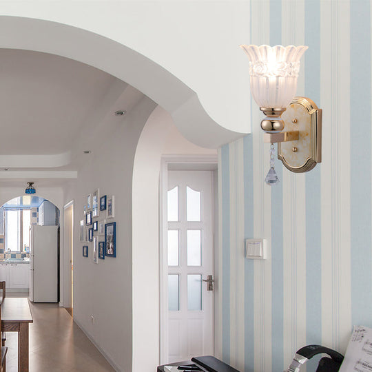 Country Style Frosted Glass Floral Wall Sconce Lamp - Gold Finish Lighting Fixture For Corridor