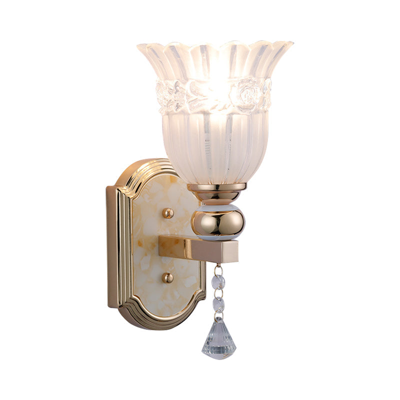Country Style Frosted Glass Floral Wall Sconce Lamp - Gold Finish Lighting Fixture For Corridor