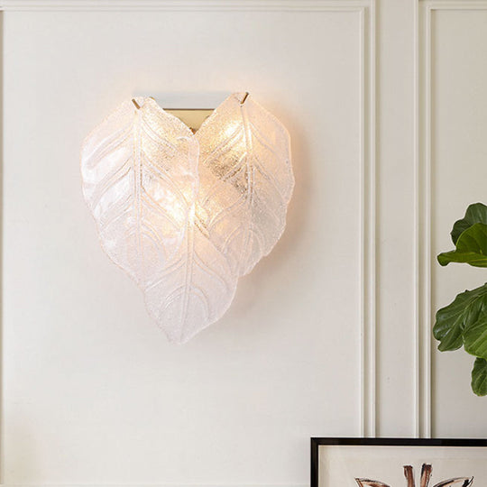 Frosted Glass Leaf-Shaped Wall Sconce Light With 3 Bulbs - Modern White Hallway Fixture