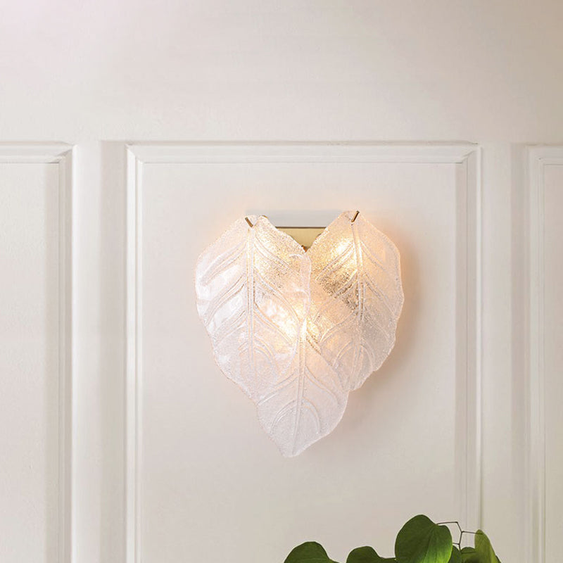 Frosted Glass Leaf-Shaped Wall Sconce Light With 3 Bulbs - Modern White Hallway Fixture